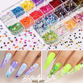 Teenitor Teenitor 12 Sheets Nail Art Sticker 3D Self-Adhesive, Nail Art Decoration with 5 Boxes Holographic Nail Art Glitter Flakes Butterfly Heart Star Maple Leaf Nail Sequins and Nail Art Flower Slices