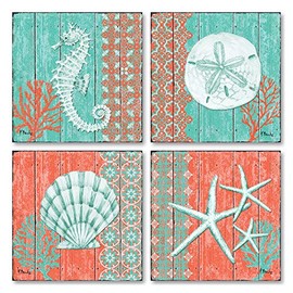 4 Lovely Teal and Coral Ocean Seashell Sand Dollar Seahorse Star Fish Collage Poster Prints; Nautical Decor; Four 12x12in Poster Prints