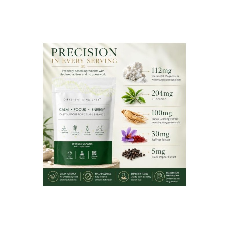 Magnesium Bisglycinate L-Theanine, 60 Vegan Capsules, Different Kind Labs