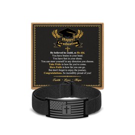 HEYOLL Graduation Gifts for Him 2025 College, Cross Bracelet for Men Black American Flag Cross Bracelet Inspirational Graduation Gift, High School Graduate Gifts for Best Friend or Son