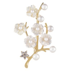 Alilang Elegant Cherry Blossom Flower Plant Brooch Lapel Pin Shell Pearl Leaf Brooches Pins For Birthday, Party, New Year, Wedding,Gold