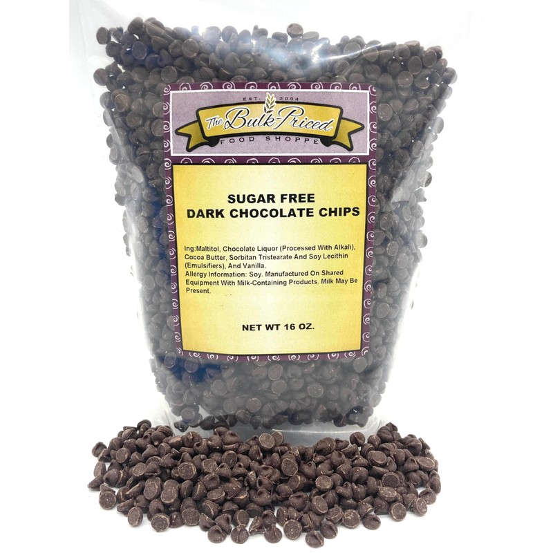 Sugar Free Dark Chocolate Chips, (1lb Resealable Zip Lock Bag)