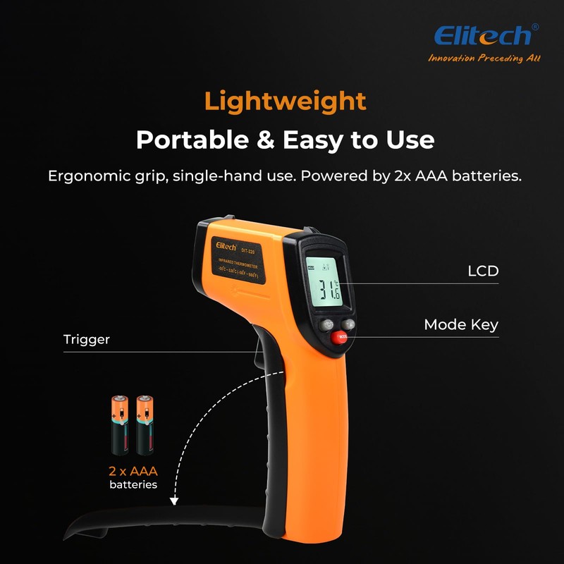 Elitech DIT-220 Infrared Thermometer, High-Precision, Non-Contact Temperature Gun with Laser