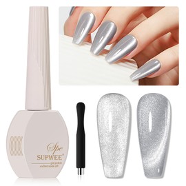 SUPWEE Silver Cat Eye Gel Polish, Magnetic Holographic Gel Nail Polish Glitter Shimmer Gel Polish with Magnet Soak Off U V Gel Salon DIY at Home, 0.5 OZ