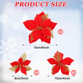 Cindeer 50 Feet Christmas Garland and 16 Pcs Christmas Artificial Glitter Poinsettia Flowers, Green Garland and 3 Inch 4 Inch 6 Inch Xmas Flowers Christmas Decorations Holiday Party Ornaments