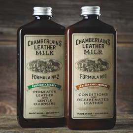 Chamberlains Leather Milk Cleaner Kit - Conditioner No. 1 and Cleaner No. 2, (2) 12 Ounce Bottles + 2 Premium Restroation Pads
