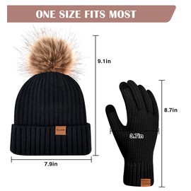 LCZTN FASHION Womens Winter Beanie Hat Fleece Lined with Pom Pom,Warmer Faux Suede Touchscreen Gloves Set (UK, Alpha, One Size, Black)