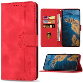 Bear Village Case for OPPO Realme 7 Pro, PU Leather Case with Card Slots, Flip Wallet Book Case for OPPO Realme 7 Pro, Red