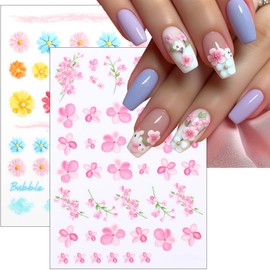 8Pcs Flower Nail Art Stickers 3D Self Adhesive Cherry Blossom Nails Decals Spring Summer Flower Nail Stickers Pink Blue Daisy Nails Design Sticker Colorful Floral Manicure Supplies for Women Decor