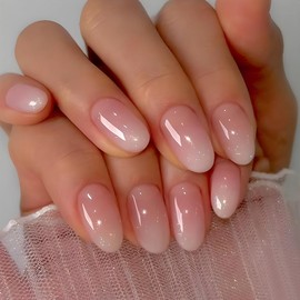 Ombre Press on Nails Short Almond Fake Nails Nude False Nails Press ons with Designs Pink Gradient Acrylic Nails Glossy Full Cover Glue on Nails Artificial Stick on Nails for Women Manicure 24Pcs