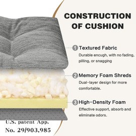 baibu Set of 2 Non-Slip Rocking Chair Cushion, Dual-Layer Patent Design Memory Foam Set of Seat & Back Cushion with Ties for Indoor Rocker, 19.5” x 19.5” x 2.5", Grey