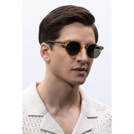 CARFIA Retro Round Polarized Sunglasses for Men UV400 Protection Hand-crafted Acetate Frame Green Lens