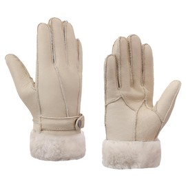 Women Shearling Gloves Winter Leather Gloves Shearling Sheepskin Gloves with Fur Lined,Beige,XL