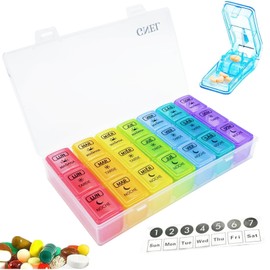 GNEL Pastillero Semanal Español de 3 tomas con cortador de pastillas, Pastilleros para Medicamentos de Viaje, Organizador de Pastillas para Vitaminas, Suplementos y Medicamentos (Multicolor)