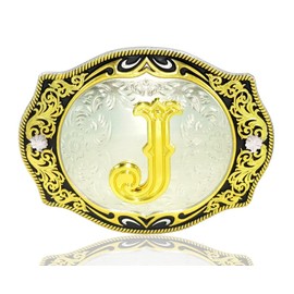 Moranse Golden Western Belt Buckle With Initial Letter A to Z in Round Flower heart Cowboy, Initial J, Medium