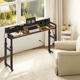 Overbed Table with Wheels, Height Adjustable, Recliner Table with Charging Station and Laptop Stand, Rolling Table with Storage and Cup Holder, Side Table for Living Room, Bed Room, Rustic Brown