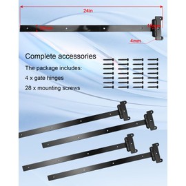 24 Inch Black Heavy Duty Gate Hinges with Mounting Screws, Black 4mm Thick Iron T-Shaped Door Hinges for Garden Gate Garage Door Sheds Barns, 4 Pcs