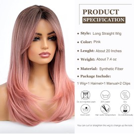 Esmee Long Straight Ombre Pink Wigs for Women Synthetic Layered Light Pink Hair Wig with Fringe for Daily Party Cosplay Use-20Inches