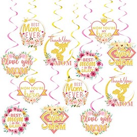 12Pcs Happy Mothers Day Decorations Hanging Swirls,Mothers Day Ceiling Foil Swirls Printed Best Mum Ever,I Love You Mum,Thank You Super Mum,Happy Mothers Day Hanging for Mother Birthday Party Decor