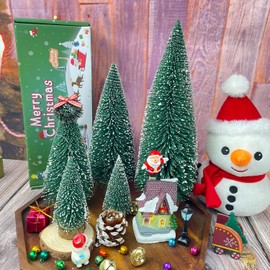 MTKZKAF 5 PCS Table top Christmas Pine Tree Bottle Brush Christmas Trees with Wooden Bases for Village Holiday Party Christmas Table Decor