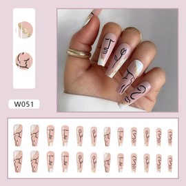 Medium Length Press on Nails, Artificial Acrylic Fake Nails for Women, 24PCS Full Cover Reusable False Nails Kits, Abstract Face Nails Design, Glue on Nails Fake Nails