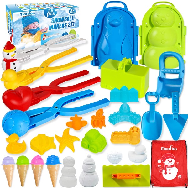 Max Fun 25Pcs Snowball Maker Tool Winter Snow Toys Kit with Handle for Snow Ball Shapes Maker Fights Duck for Kids Toddlers Adults Outdoor Snow Sand Molds Beach Toys