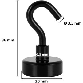 POPPSTAR 20 Pieces Magnet Hook Black Small (Clamping Force 12 kg (26 lbs), Length 4 cm, Diameter 2 cm) Mini Neodymium Hook Magnets
