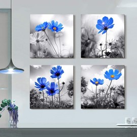 AGOLINE 4PCS Canvas Wall Art- Blue Flowers Framed Wall Art for Living Room Pictures for Bedroom Walls Bathroom Decor Kitchen Pictures Wall Decor-12x12in