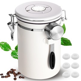 Esilihom Airtight Coffee Bean Storage, 1800ML Coffee Container, Stainless Steel Coffee Canister with Measuring Scoop, Date Tracker & 6 CO2 valve, White