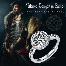 Viking Compass Ring, Graduation Gift 925 Sterling Silver Vegvisir Pirate Compass Anxiety Ring Adjustable Rotate Compass Stress Ring Celtic Compass Jewellery Gift for Dad Husband Birthday Christmas
