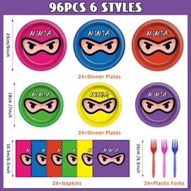 Justforjoyful 96Pcs Ninja Birthday Party Supplies Ninja Warrior Plates Napkins Party Decorations Ninja Master Tableware Set Karate Dinnerware for Kids Boys Girls Birthday Party Favor for 24 Guests