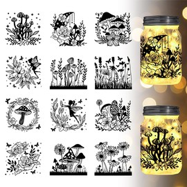 GLOBLELAND 12Pcs Mushroom Flower Jar Cutouts (Not Stickers) Lantern Jar Mushroom Flower Cutouts Jar Decor Lantern Laser Silhouette Jar Cutouts Window Lamp Decals Glass Cutouts Decorations Art Mural