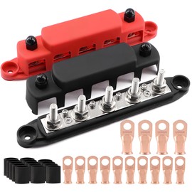 Tuijodaix 300A Bus Bar 5 Post 12V-48V DC Power Distribution Block,5 * 5/16"(M8) Battery Terminal Studs with Cover and Wire Lugs for Wiring,Automotive,Marine,Battery busbar (Red&Black)