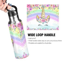 Mnsruu Unicorn Pink Water Bottle for Girls Kids Stainless Steel Drink Flask Straw Vacuum Insulated Leakproof Thermos for Sports 600 ml