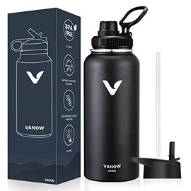 E T EASYTAO Termo de Acero Inoxidable, Termo de Agua con 2 Tapas, para Agua Fría (24 horas) o Caliente (12 horas Doble Pared y Tapa Hermética Antigoteo, con Asa para Transportar (940ml/32Oz, Negro)