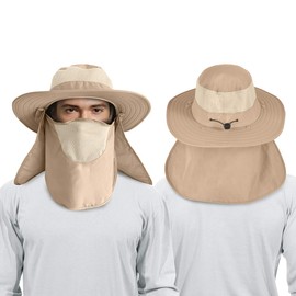 ZEXIAN 2 Pieces Men's Wide Brim Fishing Hat Outdoor UPF 50+ Sun Protection Removable Face and Neck Flap, Khaki & Light Grey, One Size