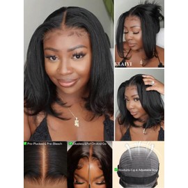 KLAIYI Yaki Straight Bob Wigs Human Hair Bye Bye Knots Glueless Wig Pre Cut 7x5 Lace Front Wig Pre Beached Pre Plucked 3S Ready to Wear and Go Wig Light Yaki HD Transparent Lace Short Bob 150% 12Inch