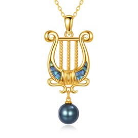 SHINYKEND Tahitian Natural Black Pearl Lyre Necklace for Women, 925 Sterling Silver Plated With 18k Gold Abalone Harp Necklace Music Jewelry for Music Students,Music Lovers Greek Mythology Style 18+2" (style-1)