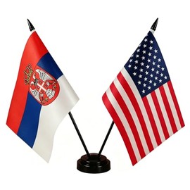 America & Serbia Friendship Twin Desk Flag, US Serbia Table Flags, 8 x 5 Inches American & Serbian Deluxe Desk Flag Set - Miniature USA & Serbia Stick Flag with Flag Stand