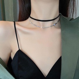 Ximdble Vintage Layered Crystal Tennis Chain Necklace Gothic Leather Choker Necklace Rhinestone Tennis Necklace Suede Velvet Clavicle Chain Necklace for Women