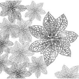 KAHEIGN 30Pcs Christmas Glitter Poinsettia, 7.5/10 /15cm Christmas Tree Ornament Christmas Flowers Decor Ornament for Wreaths Garland (Silver)