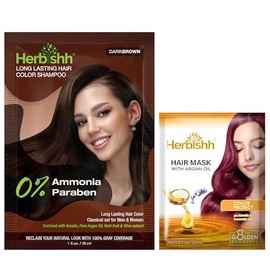 Herbishh Travel Pack – Shampoo Colorante 3 en 1 en Sobres + Mascarilla Capilar de Argán | Castaño Oscuro | Cubre Canas 100% en 10 Minutos | Nutre, Sua