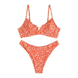 ZAFUL Women's Underwire Bikini Floral High Cut Bikini Set V-Wired Two Piece Swimsuit Bathing Suit (1-Orange,L)