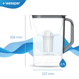 Wessper Water Filter Jug 2.7 L Compatible with Brita Classic for Fridge Door, Water Filter System to Reduce Limescale, Chlorine, Water Filter Jug + Water Filter Aquaclassic, Black