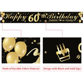 XINDY Long Size Black Gold 60th Birthday Banner Decoration 60th Birthday Man Cheers on 60 Years Fabric Birthday Banner 60th Birthday Men Decoration, 274 x 37 cm