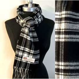 Unbranded Mens Womens Winter Warm England Made 100% CASHMERE Scarf Plaid Wool Black /Cream