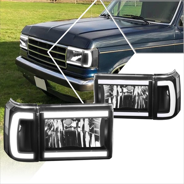 LED DRL Headlights Assembly Compatible with 87-91 Ford Bronco/F150/F250/F350,Black Housing/Clear