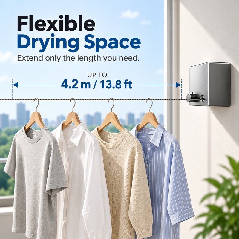 Retractable Clothesline for Laundry Drying – 13.8 FT Space-Saving Stainless