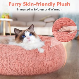 rabbitgoo Cat Bed for Indoor Cats, Soft Plush Donut Cuddler Cushion Fluffy Round Bed, Self Warming Calming for Small Dogs Kittens, Non-Slip, Machine Washable, Light Pink, 20 inches