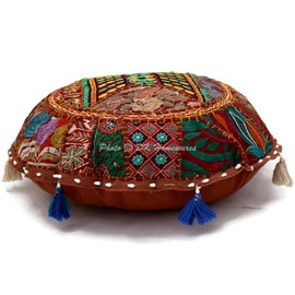 DK Homewares Traditional Cotton Seat Cushion Chair Floor Cushion Cover 45 x 45 cm Bohemian Dark Brown Patchwork Embroidered Home Decor Round Vintage Seat Cushion Bench - 18 x 18 Inches